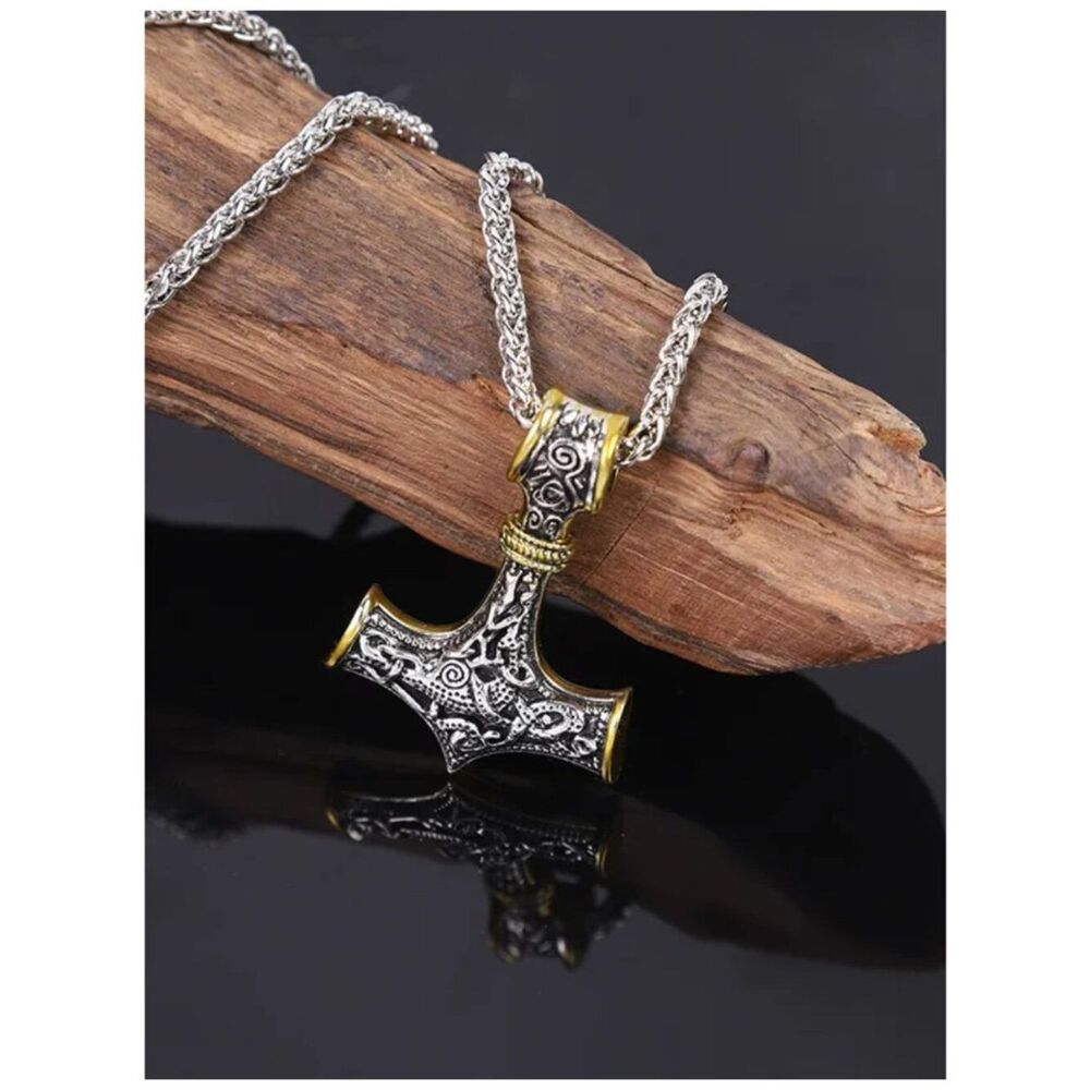 Viking Jewelry Thors Hammer Norse-Inspired Dual-Tone Pendant Braided Wheat Chain